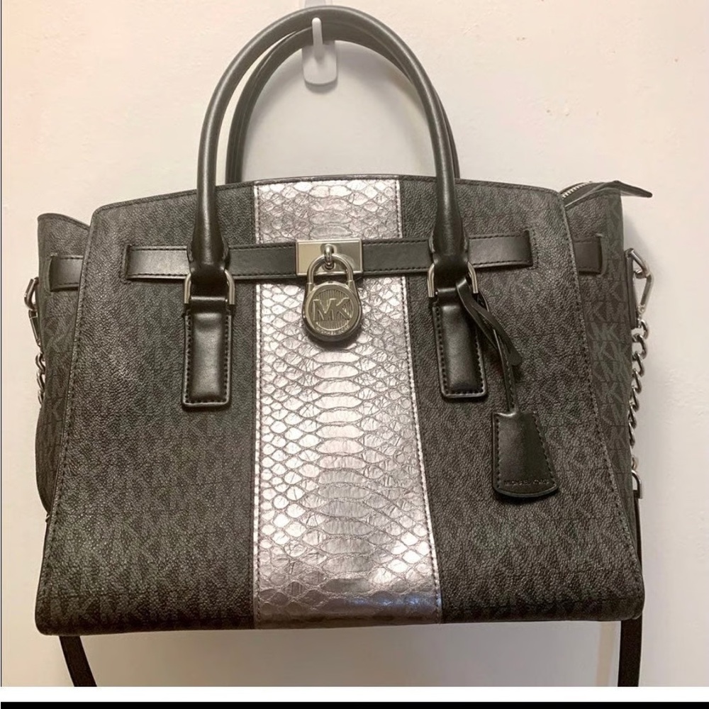 Michael Kors Hamilton Black and Silver Satchel
